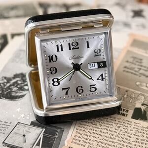Vintage 1960s Folding Travel Alarm Clock Mechanical Wind Up Day Date